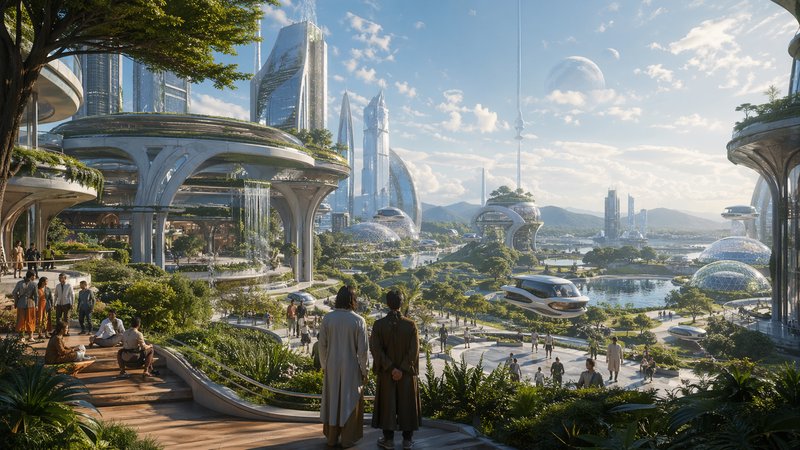 Futuristic cityscape with elevated gardens, glass domes, and hover vehicles under a sunny sky.