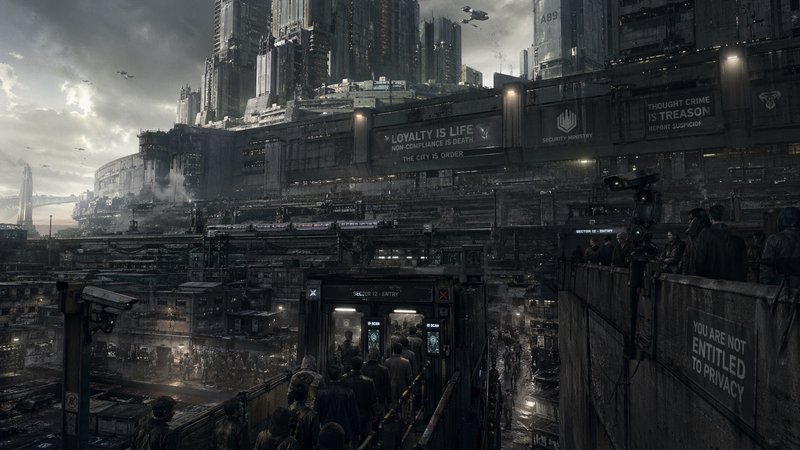 Dystopian futuristic cityscape with a crowded transit platform and towering dark megastructures.
