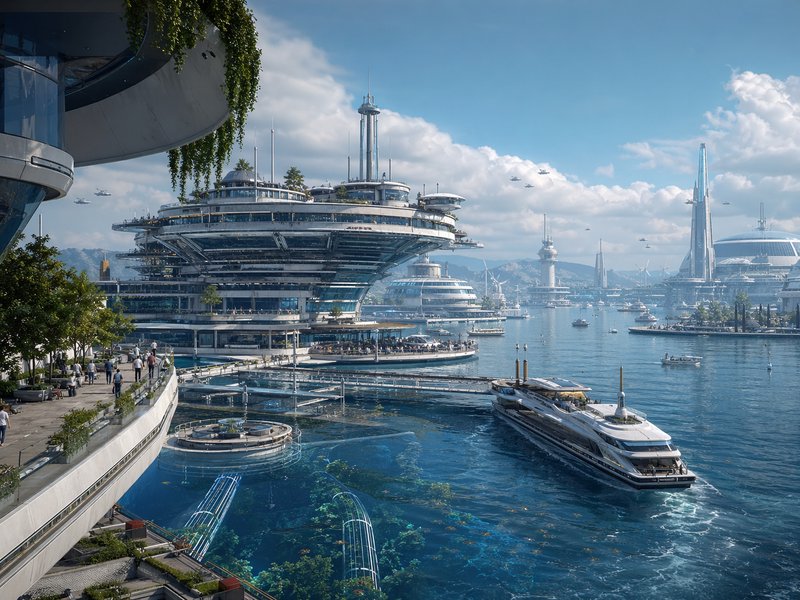 Futuristic waterfront city with layered circular buildings, blue water, and luxury yachts.