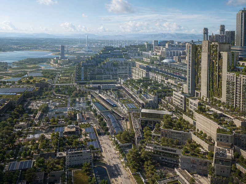 Aerial view of a futuristic green city with terraced buildings, vertical gardens, and elevated tr...