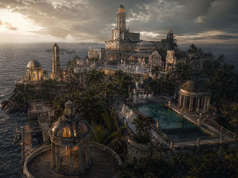 Elaborate coastal castle ruins with domed pavilions, towers, and a sea-facing pool at sunset.