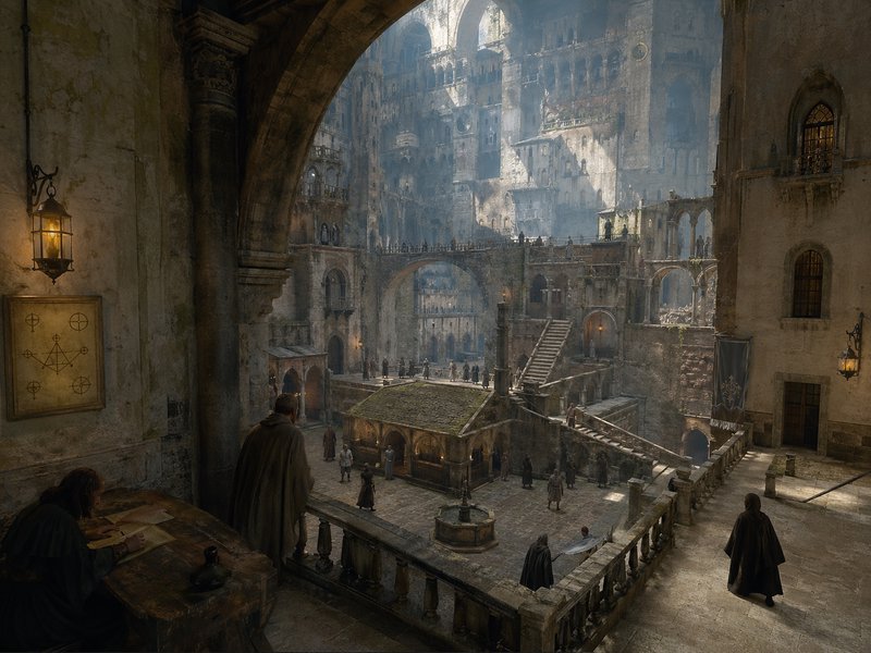 Stone ruins of a large medieval amphitheater with arches, staircases, and cloaked figures.