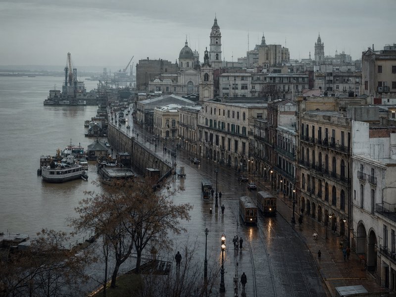 Rainy street along a historic waterfront with colonial buildings, a tram, and church towers by th...