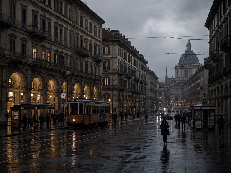 A rainy European city street at dusk with an orange tram, arched colonnades, and reflections on w...