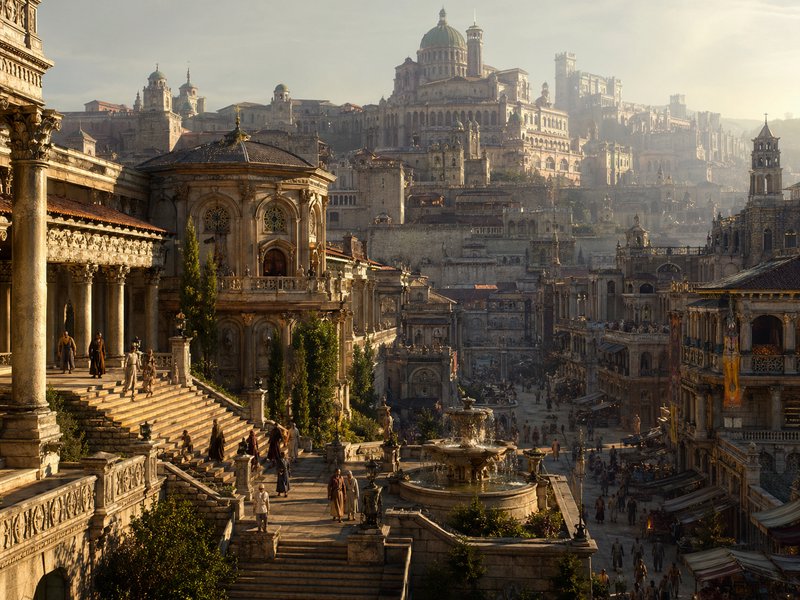 Panoramic view of an ancient European-style city with grand staircases, stone arches, and a centr...