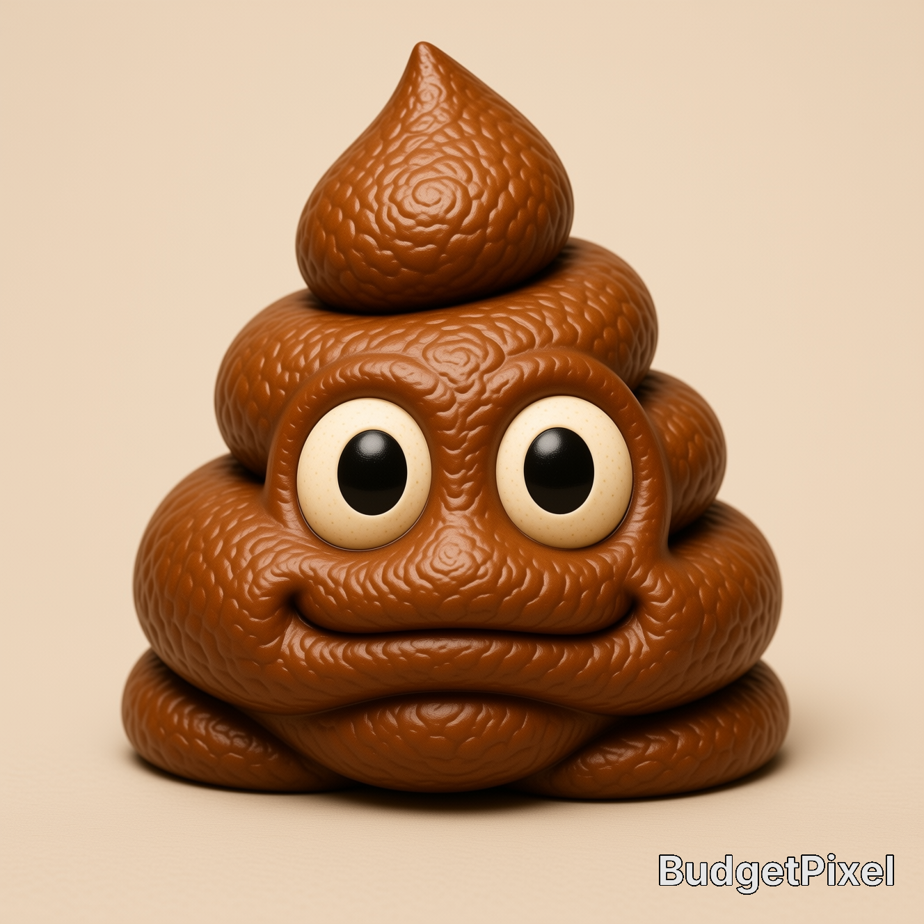 Cartoon brown poop emoji sculpture with large eyes on a beige background.