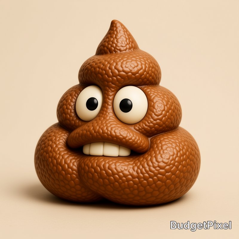 Cartoon poop emoji with textured brown swirls, big eyes, on a beige background