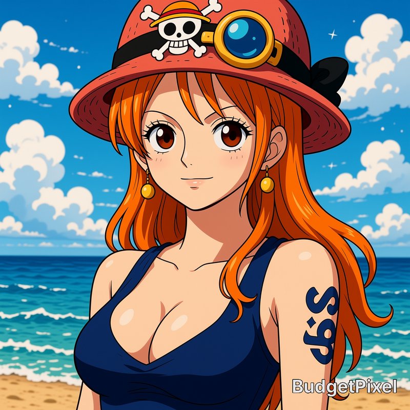 One Piece character Nami, the Straw Hat Pirates' navigator, poses on a sunny beach in a custom re...