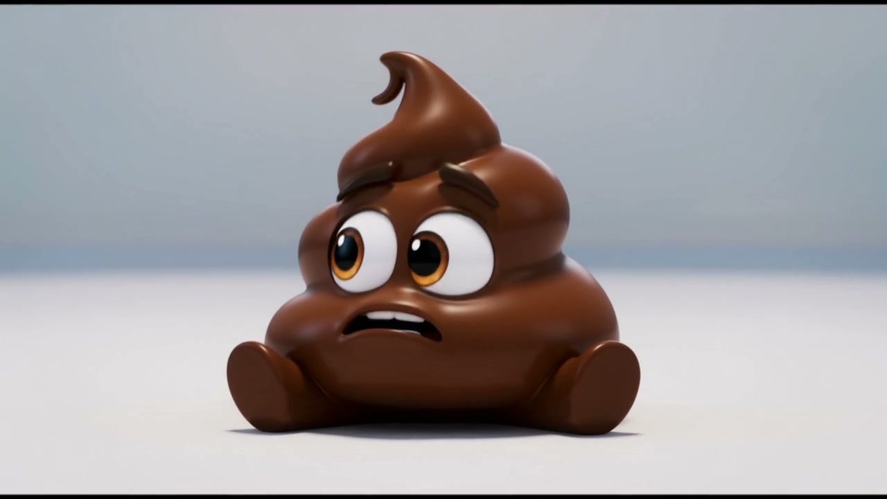 3D animated sad anthropomorphic poop emoji character sitting, with a worried anxious expression a...