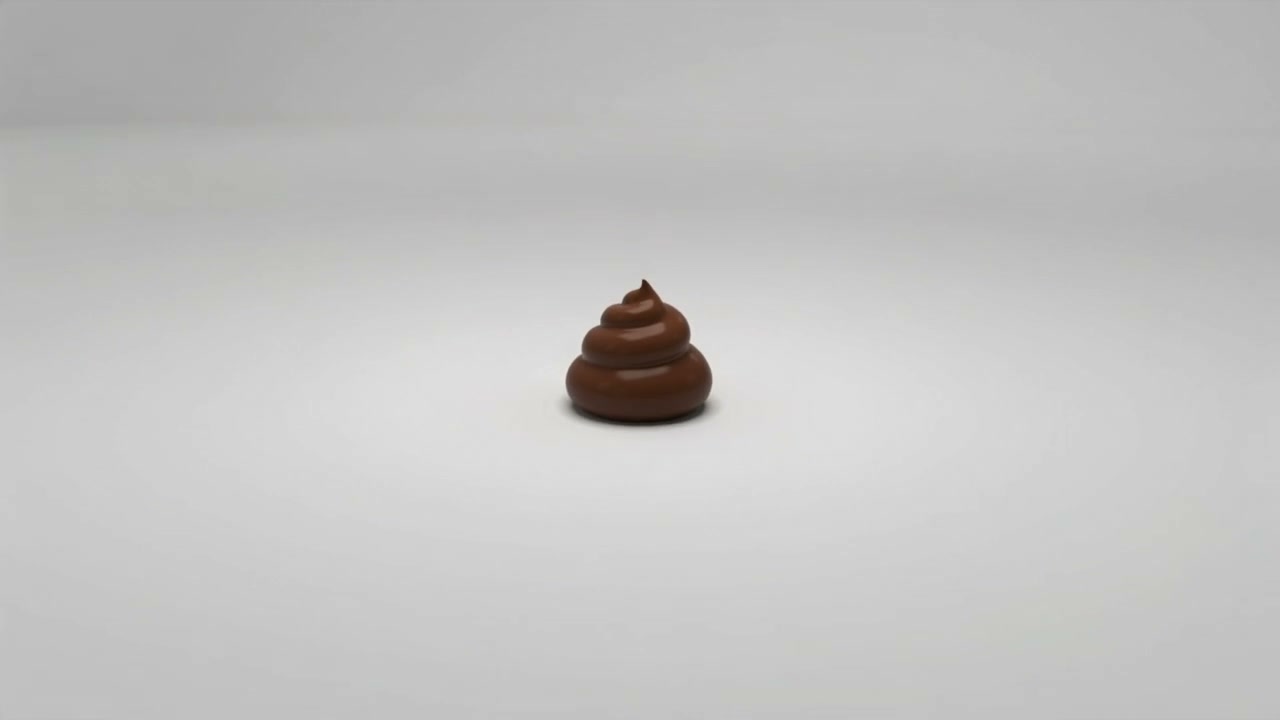 Glossy 3D-rendered cartoon poop emoji-style brown object centered on a plain light gray minimalis...