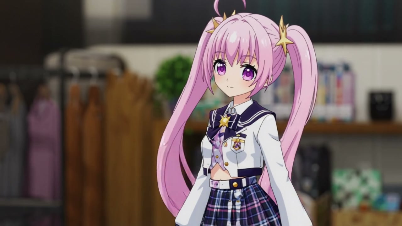Anime girl with long pink twin tails, golden star hair clips, purple eyes, and a sailor school un...