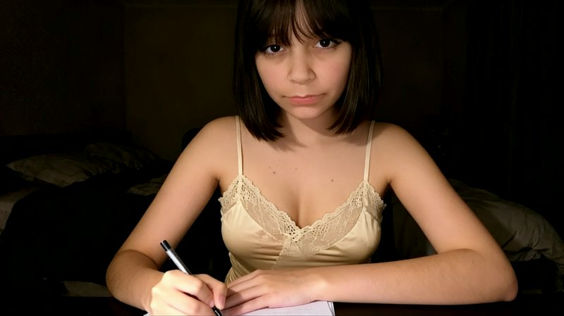 Young woman with short dark bob holds a pen over a notepad, seated in a dim bedroom wearing a lac...