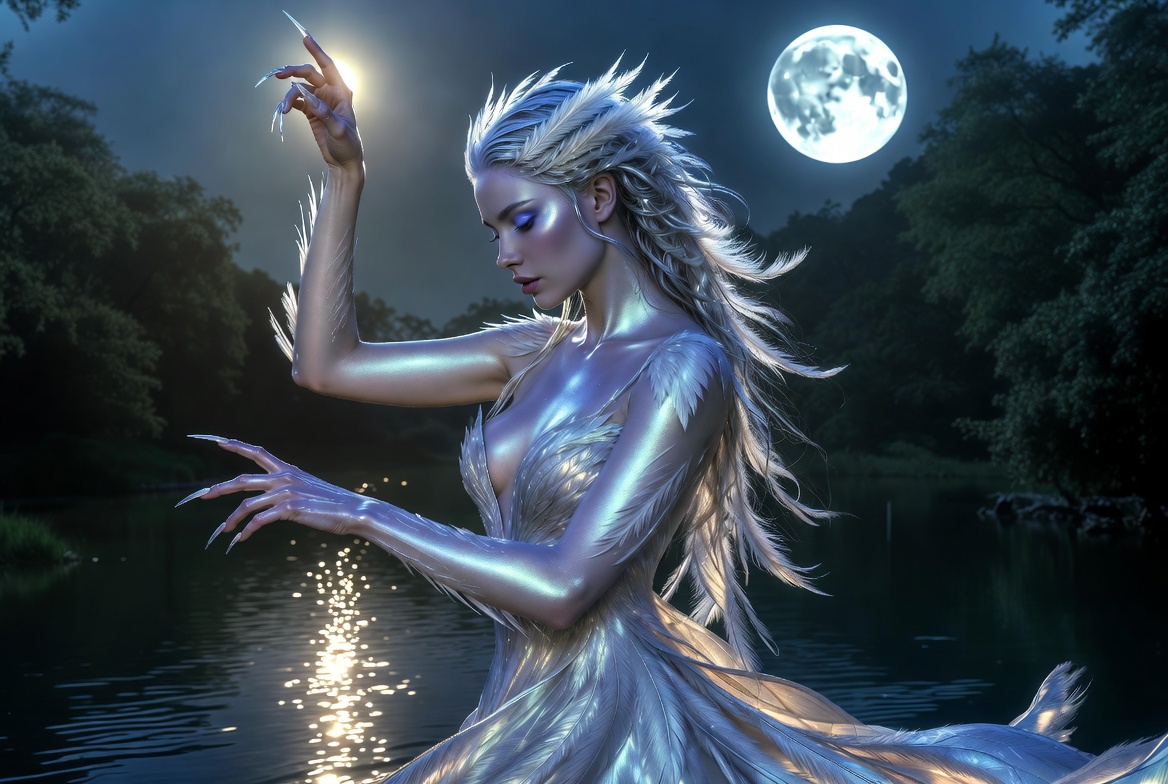 Fantastical silver-haired woman in a shimmering icy dress dances by a moonlit lake.