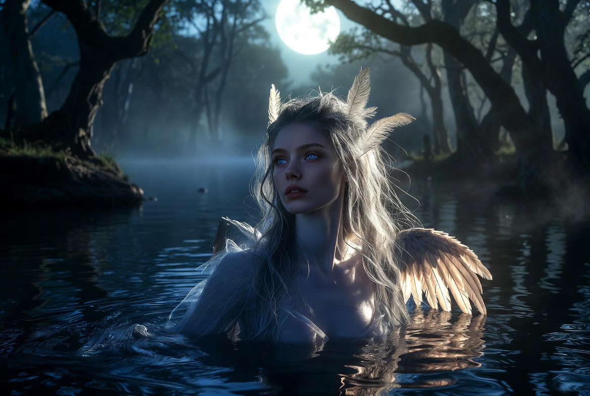 Moonlit forest lake scene with a winged woman emerging from the water.