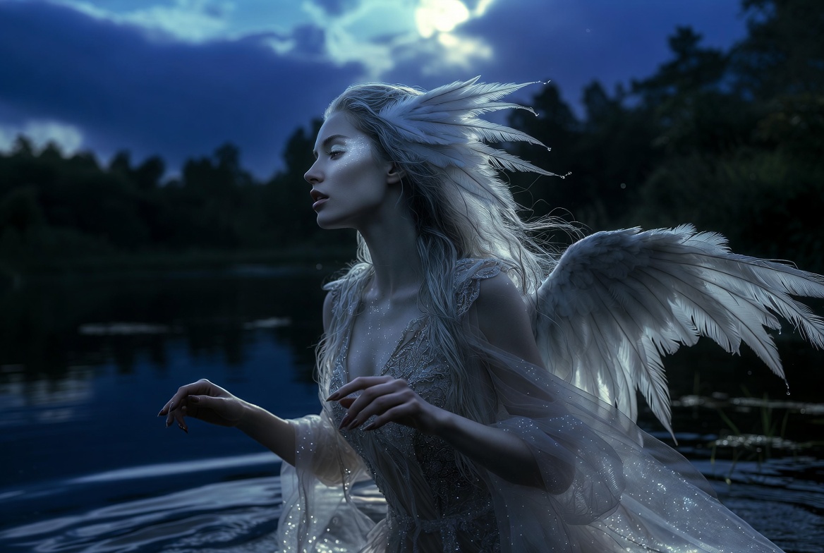 Fantasy winged woman in a shimmering gown by a dark lake at dusk