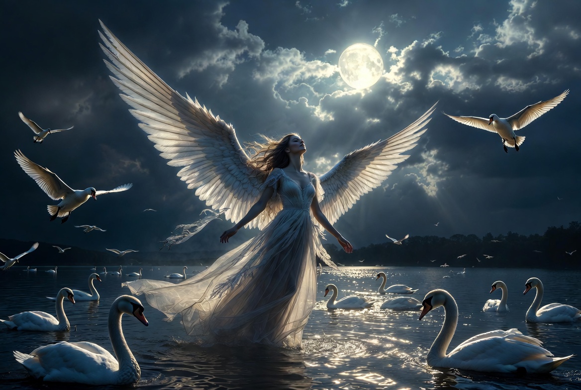 Winged woman in a flowing dress on a moonlit lake with swans around her.