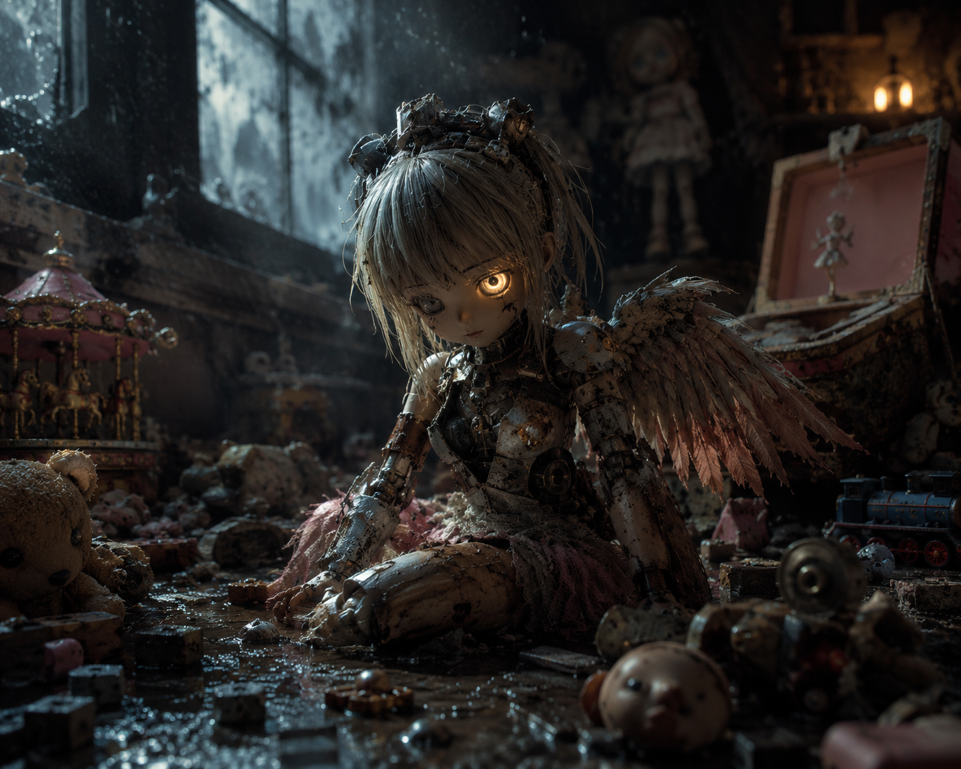 A damaged winged doll sits on a dusty toy-filled floor in a dark, eerie room with a glowing eye.