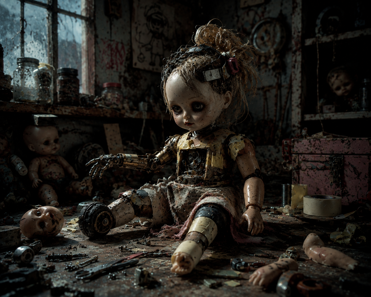 Dirty, broken porcelain doll in a muddy, dimly lit abandoned room.