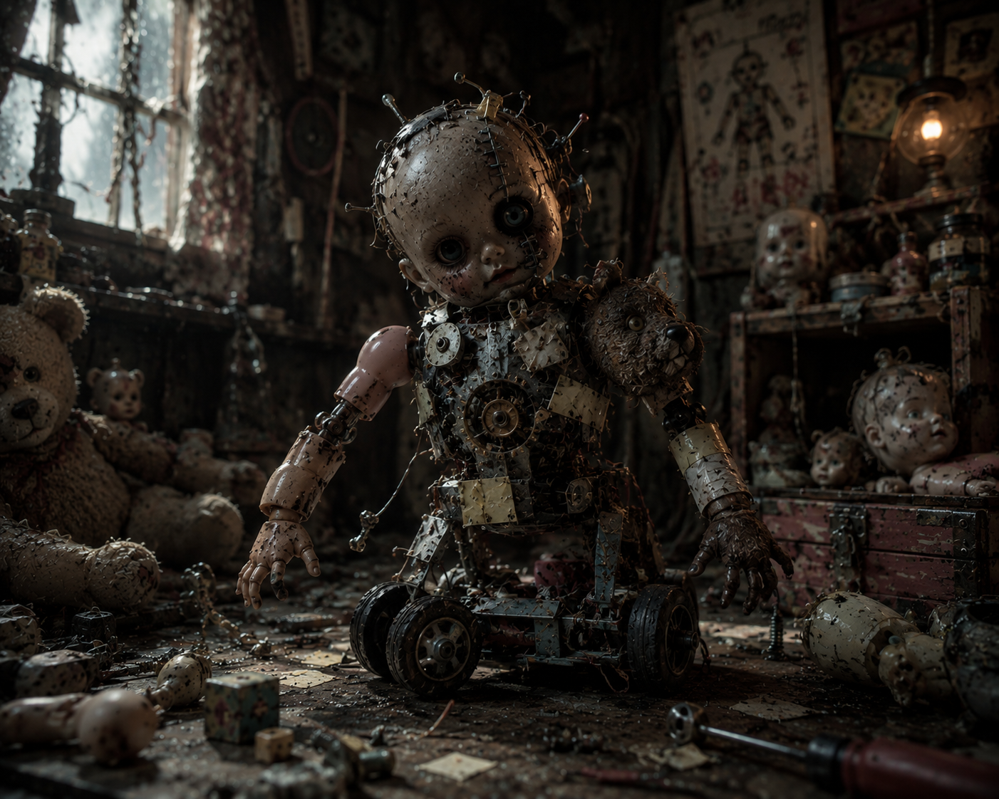 Broken, patched vintage doll on a dusty, dimly lit workshop floor among other damaged toys.