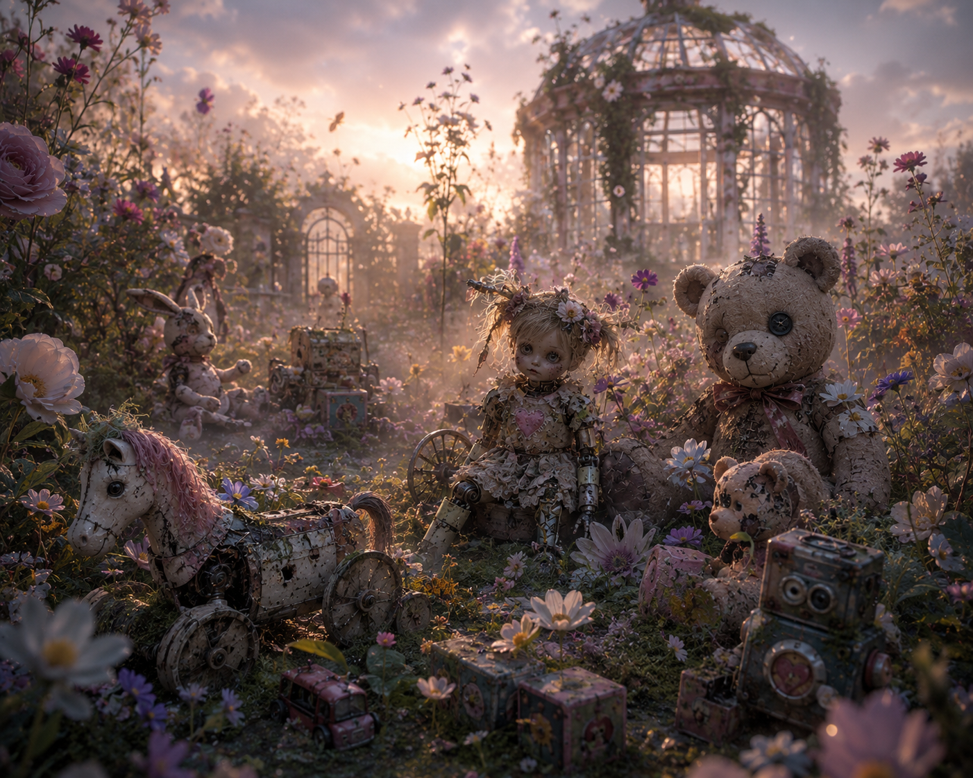 Whimsical garden scene with vintage toys, teddy bears, dolls, and a glass greenhouse at sunset.