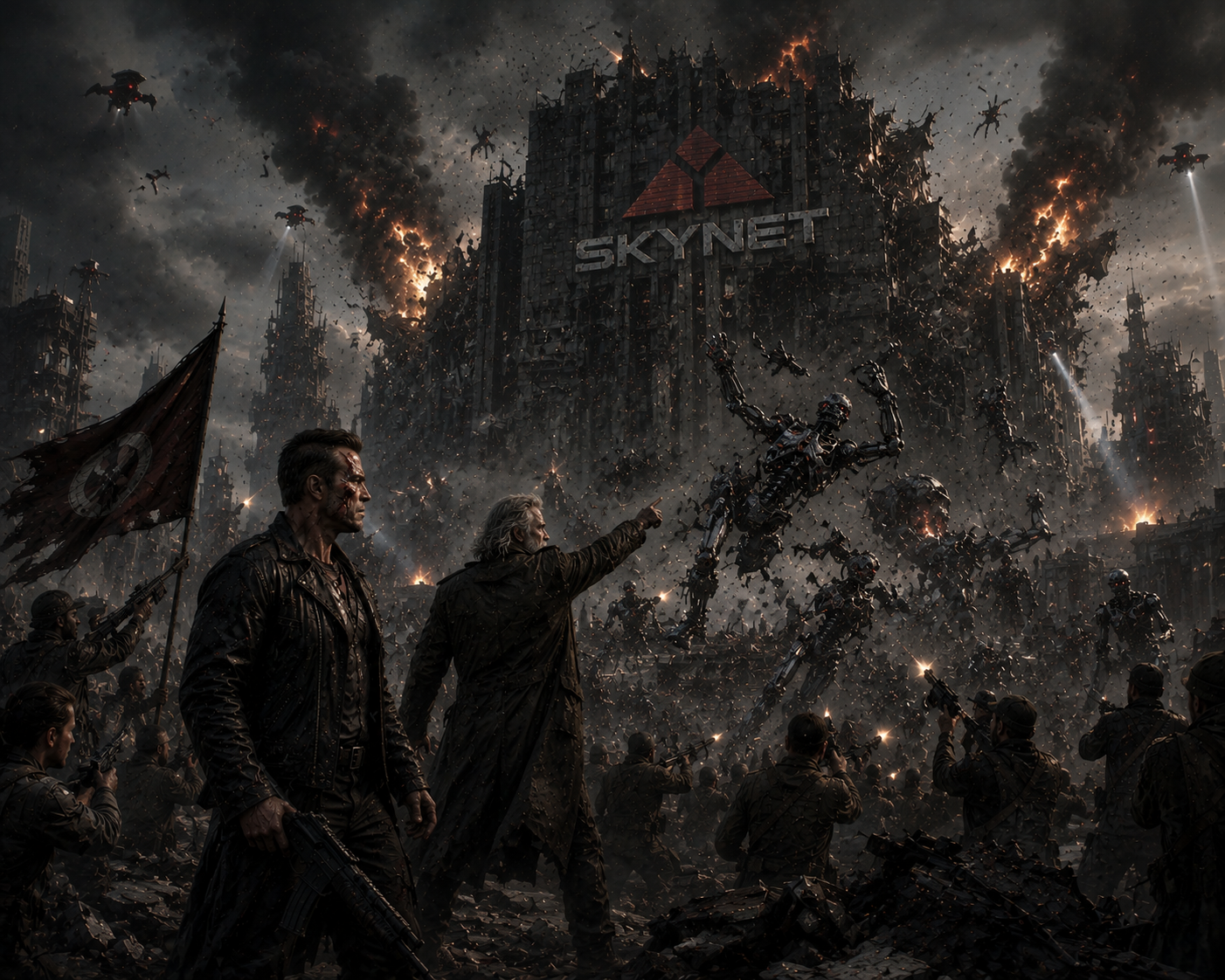 Post-apocalyptic battle scene with a burning city, Skynet emblem on a ruined building, and soldiers fighting advancing cyb...