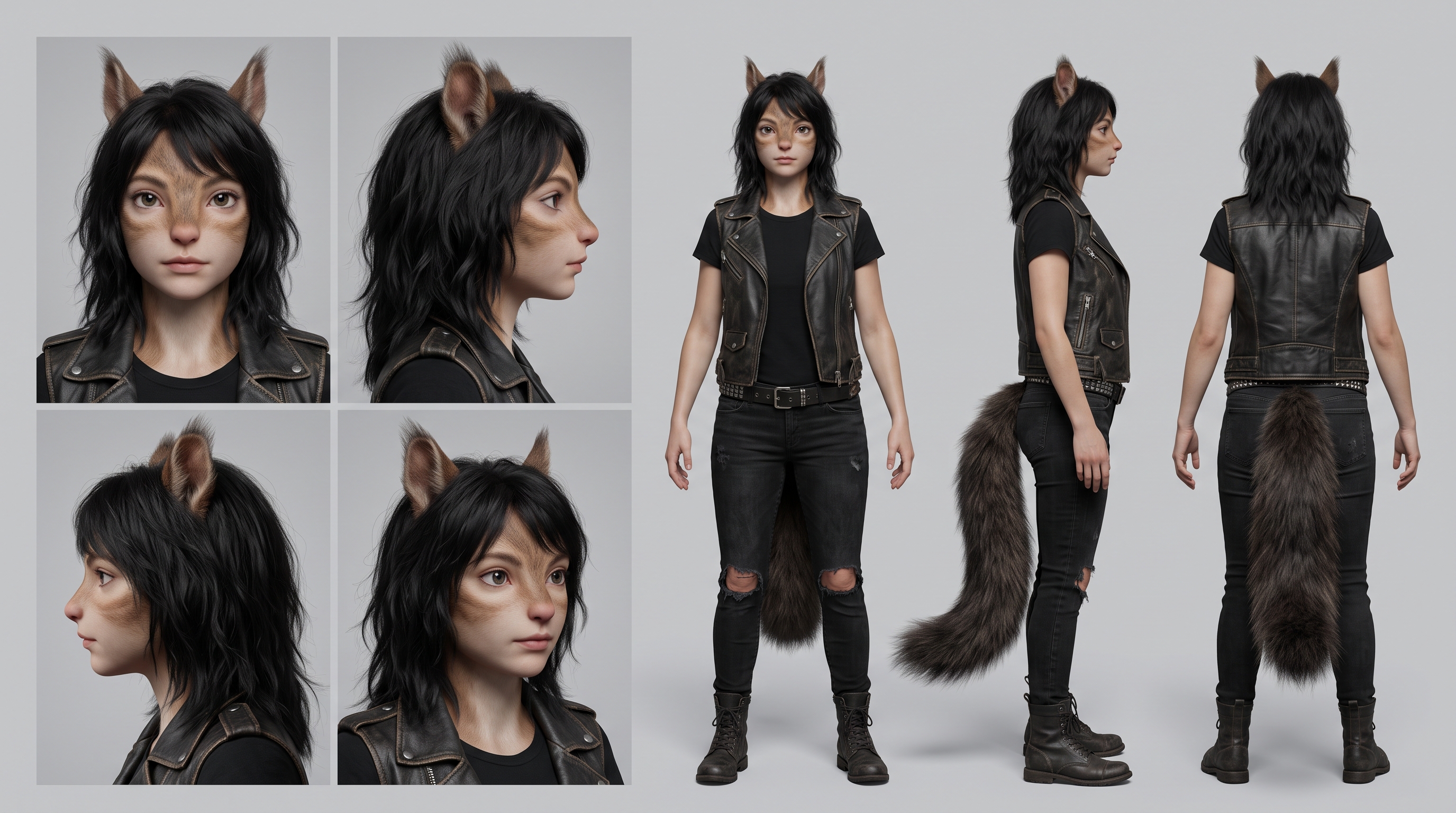 3D character turnaround reference sheet showing all view angles of an anthropomorphic cat girl with furry ears and tail