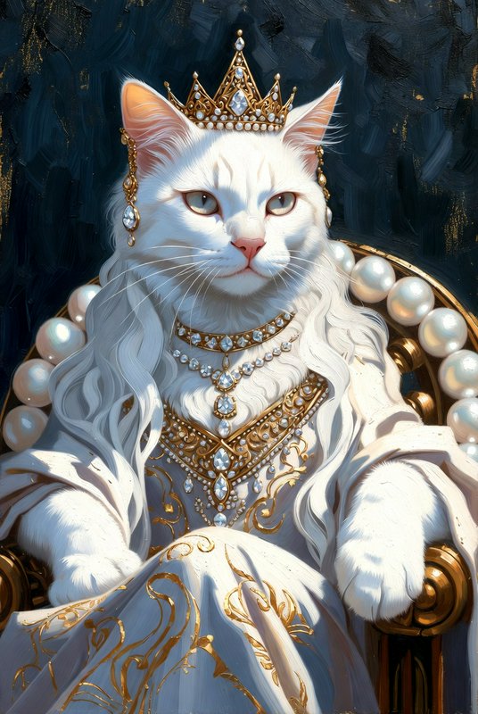 White cat wearing a jeweled crown and regal gown seated on a throne.