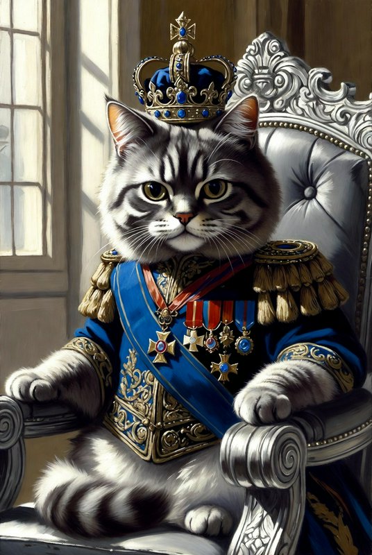 Royal cat in ornate blue uniform sitting on a throne with crown and medals