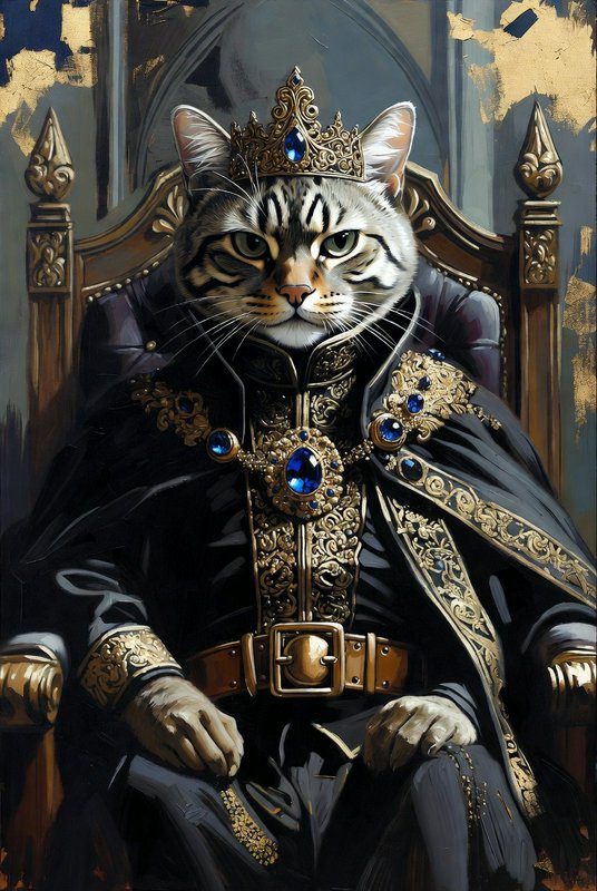 Royal cat portrait in ornate armor and crown seated on a throne.