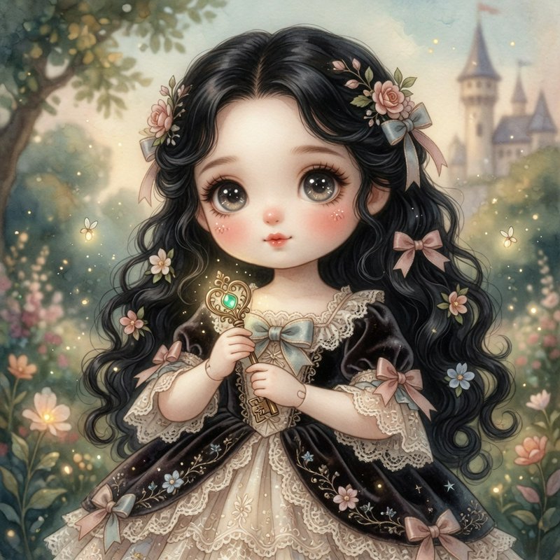Cute chibi girl with long black hair, floral headpieces, wearing a lace-black and cream dress, holding an ornate golden key.