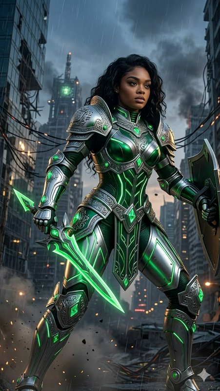 Female warrior in glowing green armor with sword and shield in a rain-soaked futuristic city.