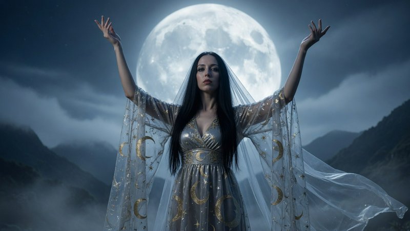 Woman in a shimmering gown with moon motifs, arms raised, against a full moon backdrop