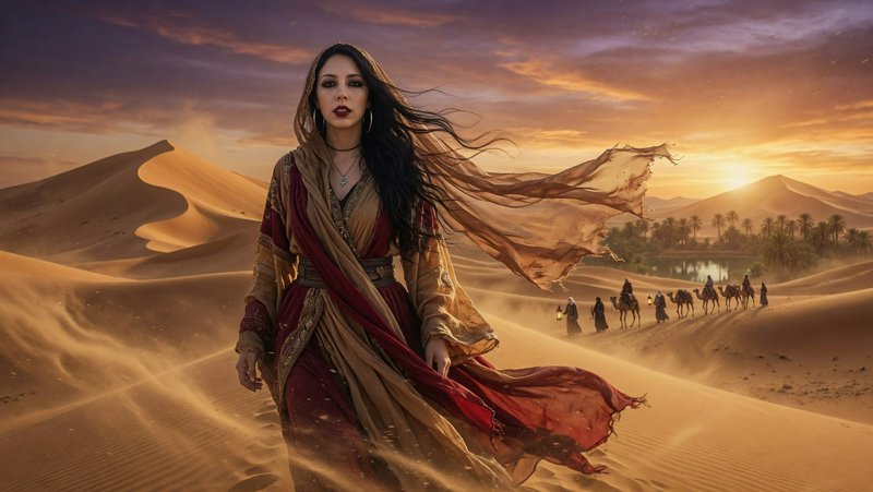 Woman in flowing desert attire walking on dunes at sunset with a caravan in the distance
