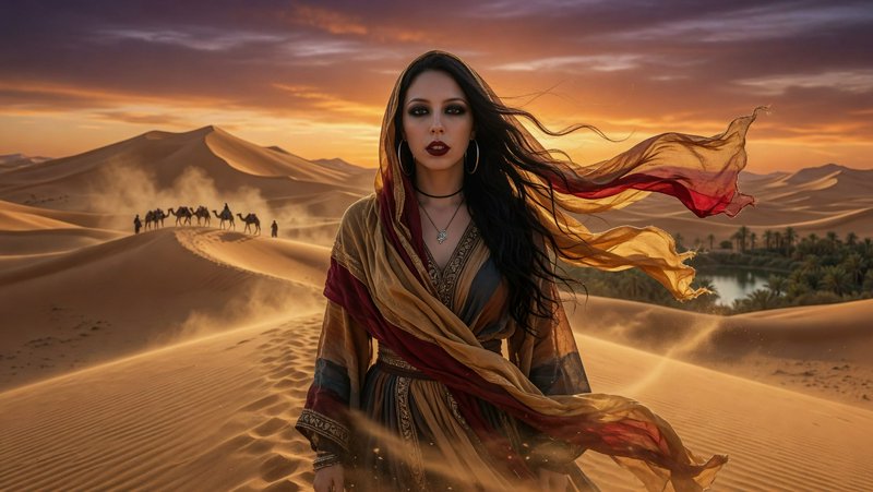 Woman in a colorful flowing scarf stands in desert dunes at sunset with a distant camel caravan.