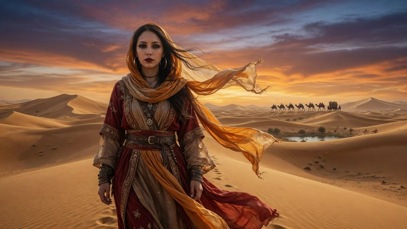 Woman in a flowing, ornate desert costume with scarf billowing, against sunset dunes and a distant camel caravan.