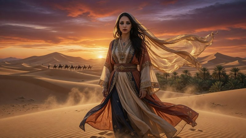 Woman in flowing desert robe stands in golden dunes at sunset with a caravan in the background.