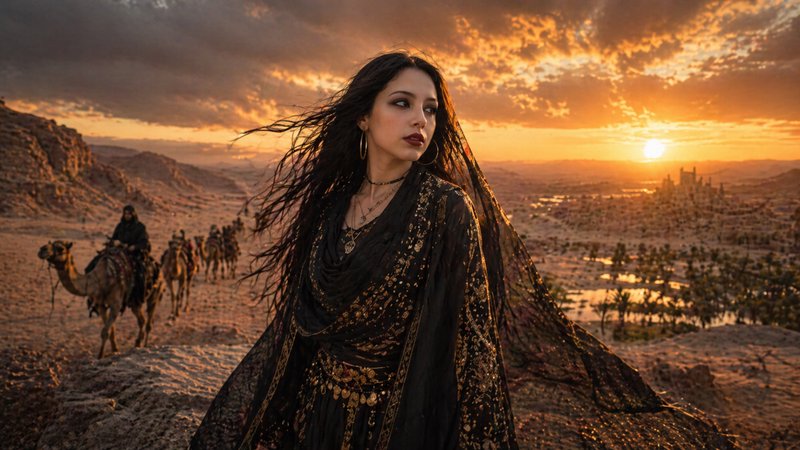 Woman in a flowing black-and-gold dress with veil at sunset desert, with a caravan in the background.