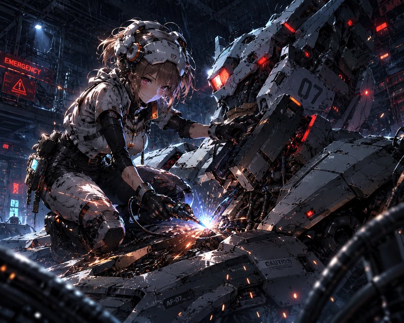 Anime-style female mechanic welding a large sci-fi robot in a dark, high-tech workshop.
