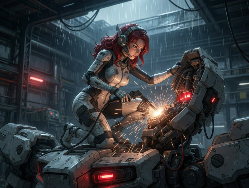 Female sci-fi mechanic welding a robotic machine in a rain-soaked industrial workshop