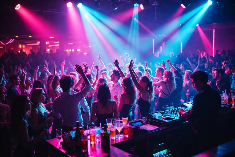 Vibrant nightclub scene with a crowded dance floor under colorful stage lights and a DJ booth.