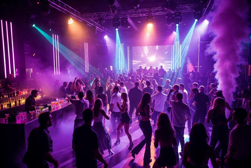 Crowded nightclub dance floor with colorful stage lights and purple fog.