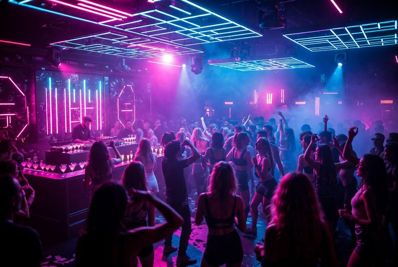 Crowded nightclub dance floor under pink and blue neon lights with a DJ booth.