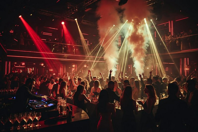 Crowded nightclub dance floor with red and white spotlights and smoky atmosphere.