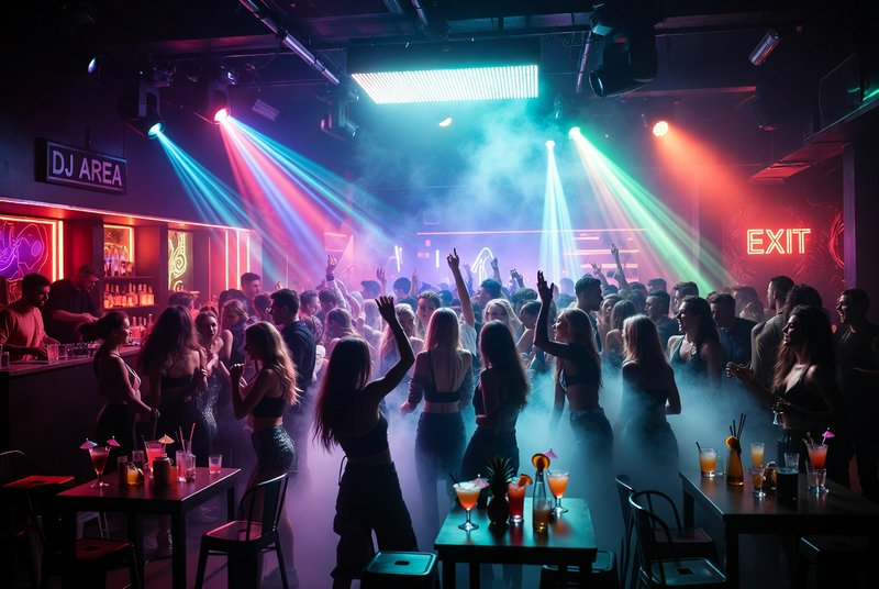 Crowded nightclub dance floor under multicolored lasers with a glowing EXIT sign in the background.
