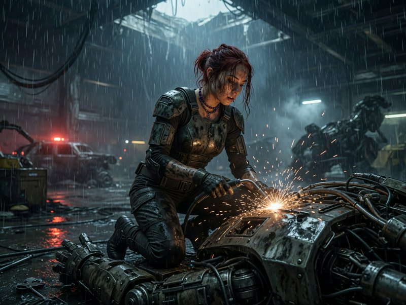 Female armored survivor welding a glowing mechanical wreck in the rain inside a dim industrial hangar.