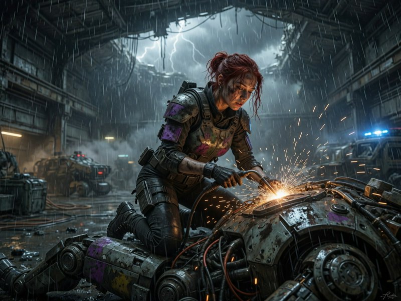 Female armored warrior repairing a damaged robot in a rain-soaked sci-fi hangar, sparks flying.