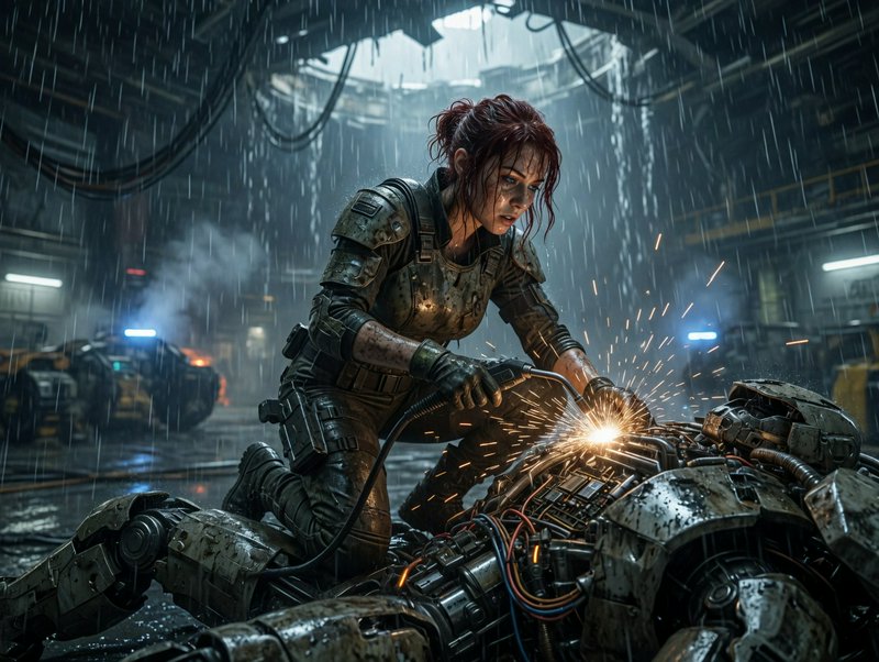 Female armored fighter in the rain crouches over a damaged robot, sparks flying.