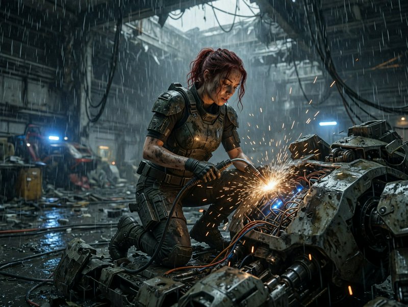 Female armored technician welding a damaged mech in a rainy, industrial hangar.