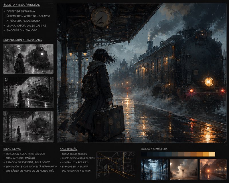 Girl with suitcase at a misty train platform beside a steam locomotive in a rainy, moody station.