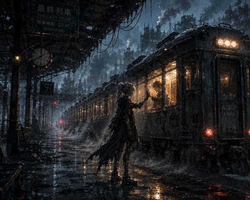 A dark, rainy urban train platform with a mysterious figure touching a glowing train window.